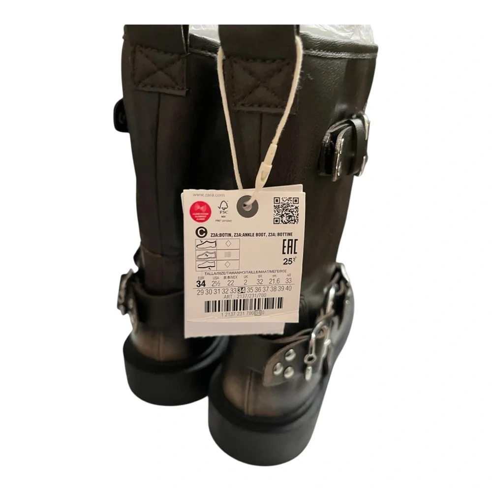 ZARA Girls Brown Buckle Moto‎ Boots | Size 2.5 New With Tags